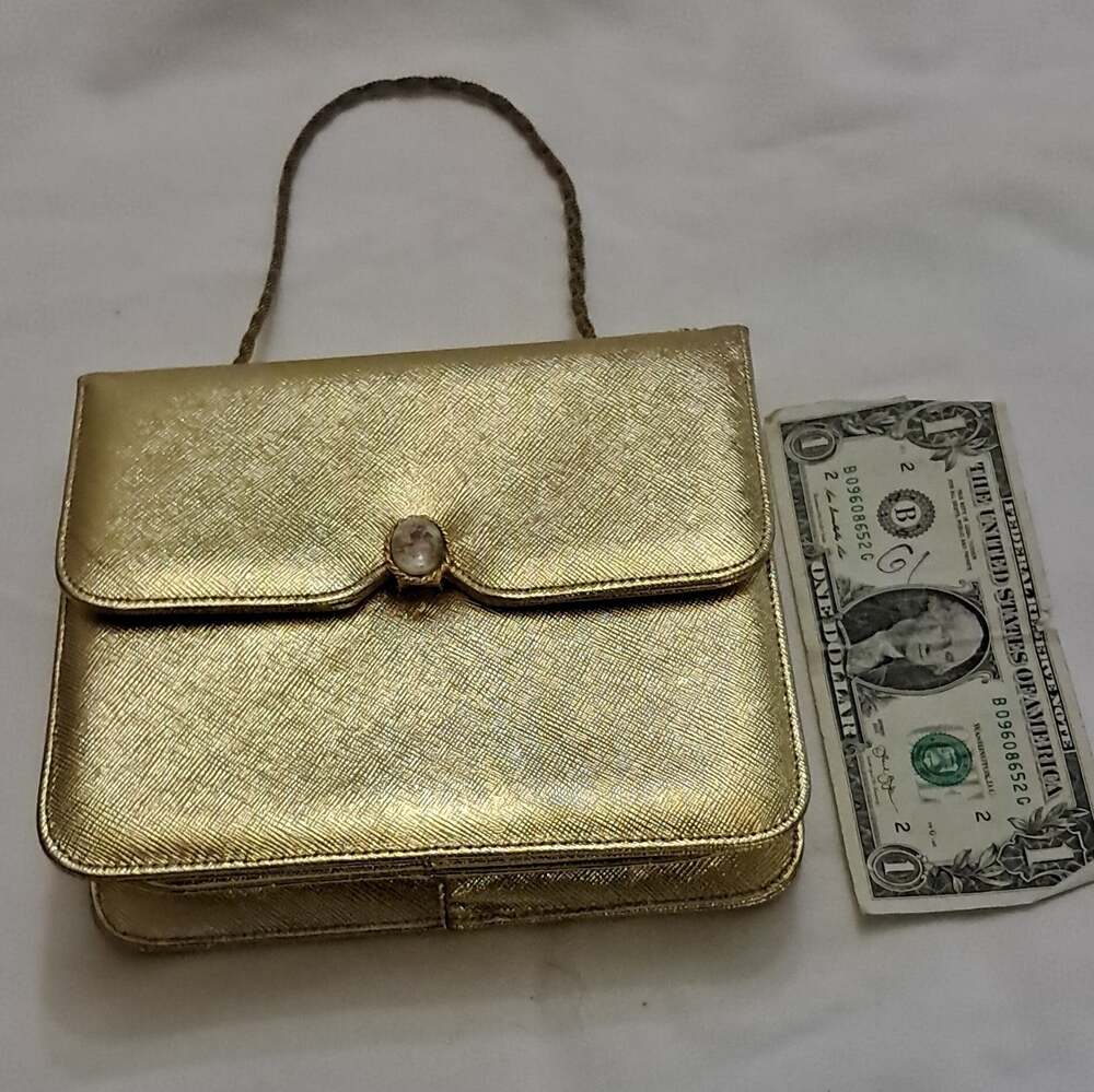 Rosart Gold Metallic Top Handle Bag Snap Closure Gold Hardware Beige Lining